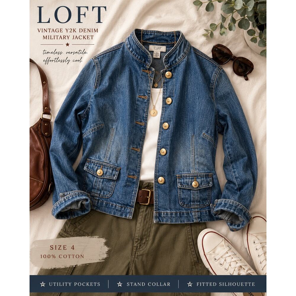 Vintage Y2K LOFT Denim Military Jacket Womens Size 4 Fitted Utility Jean Jacket